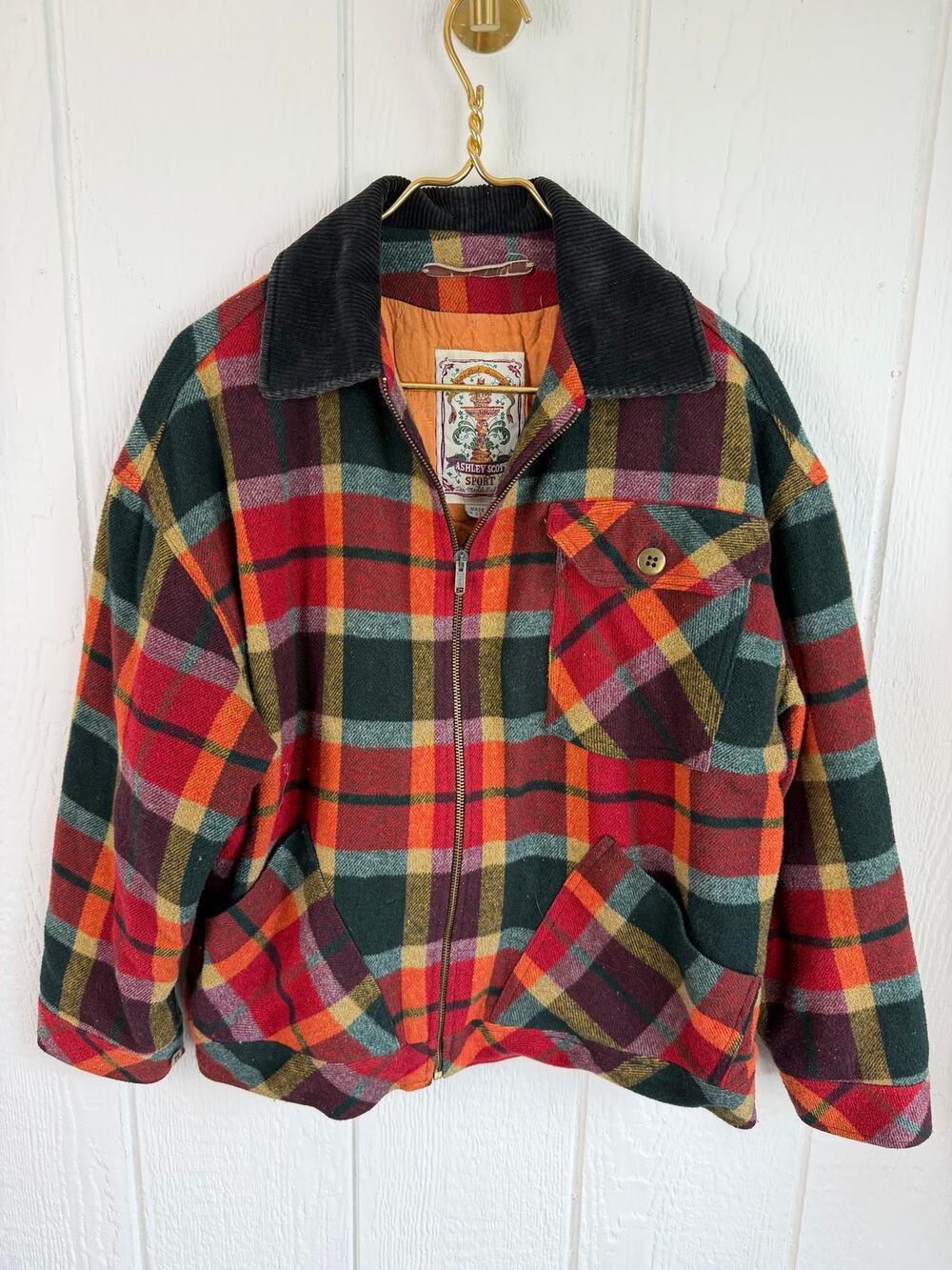Vintage Ashley Scott Sport Plaid Wool Jacket Made USA Corduroy Collar Barn Coat